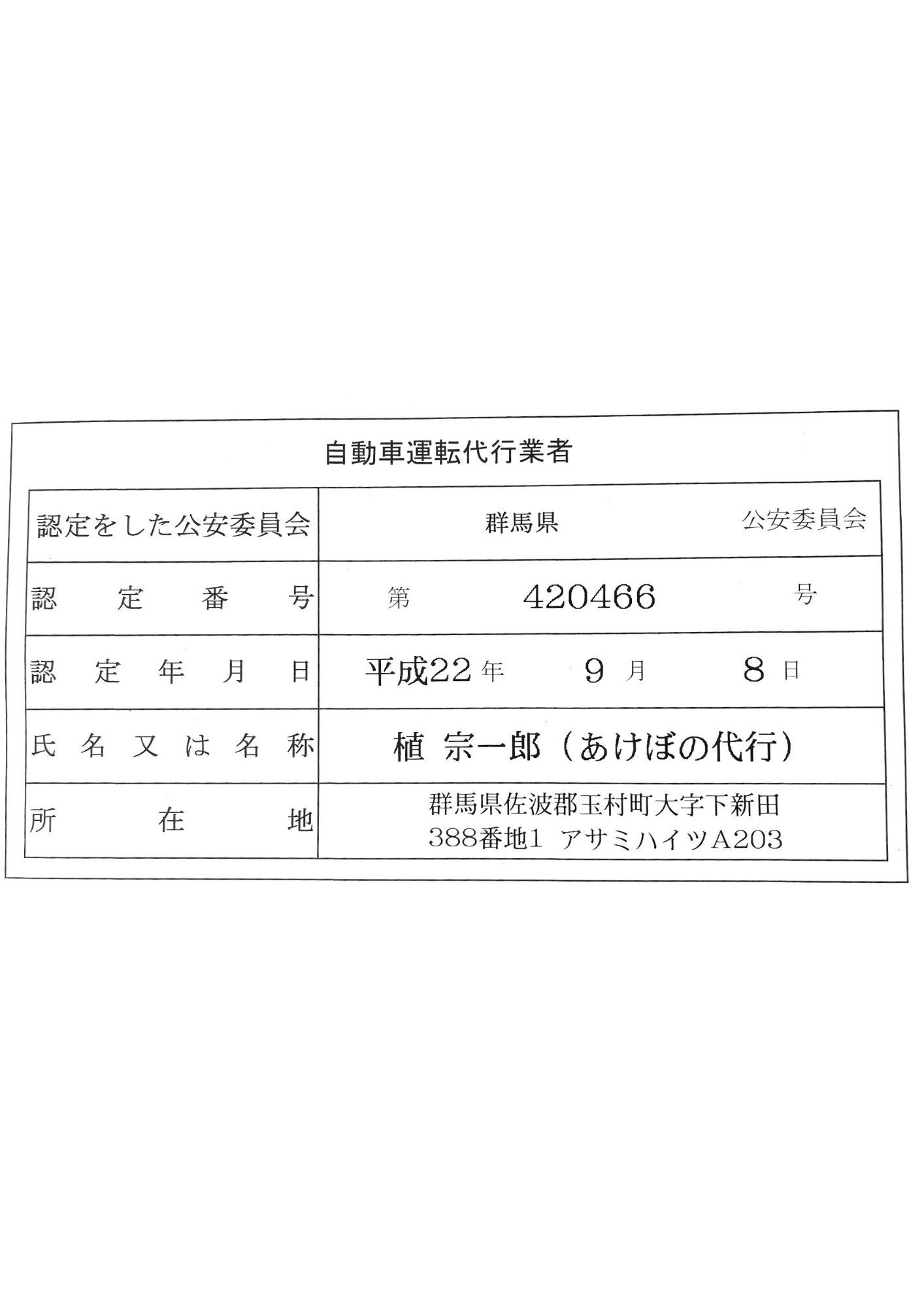 自動車運転代行業認定証